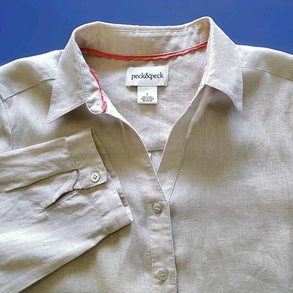 Peck & Peck Women's Large 3/4 Sleeve Beige Linen Button Up Blouse Top Minimalist